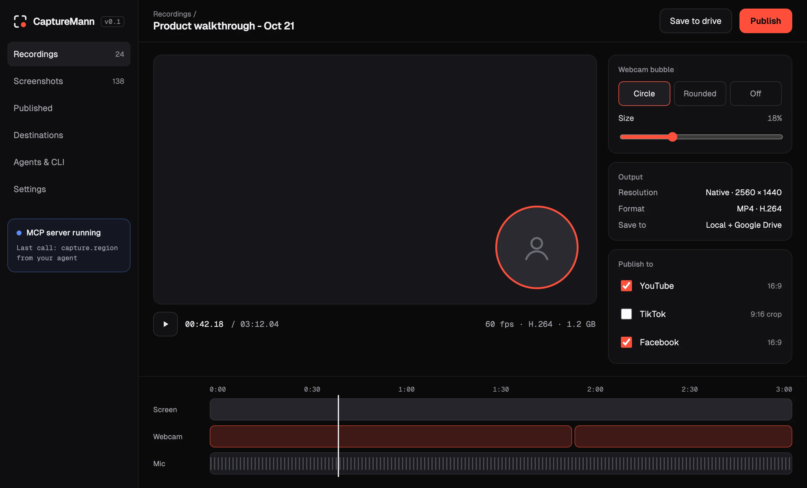 CaptureMann library and editor with a recording preview, webcam bubble and publish destinations