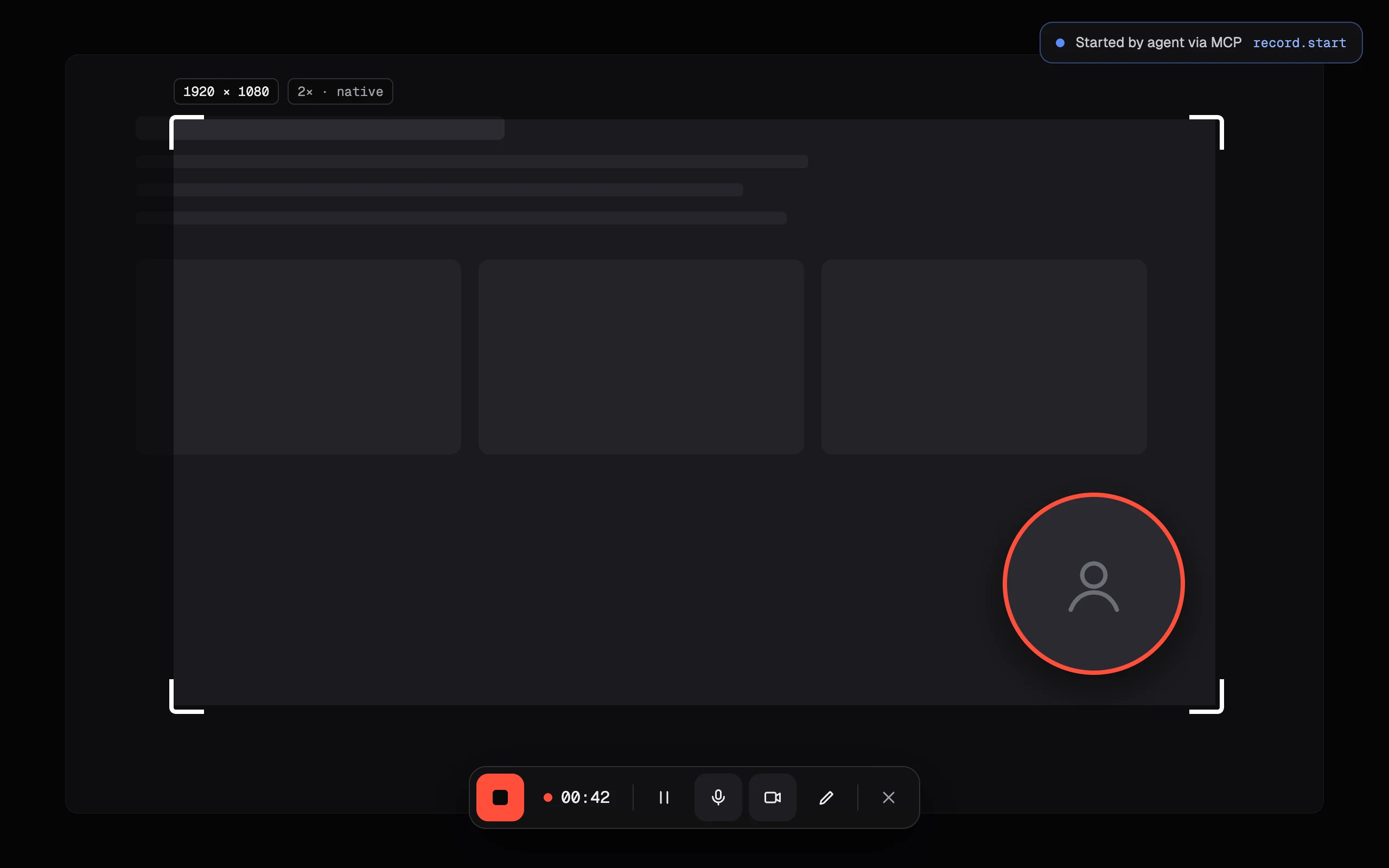 Recording in progress with a selected area, webcam bubble, floating controls and a toast showing an agent started the recording over MCP