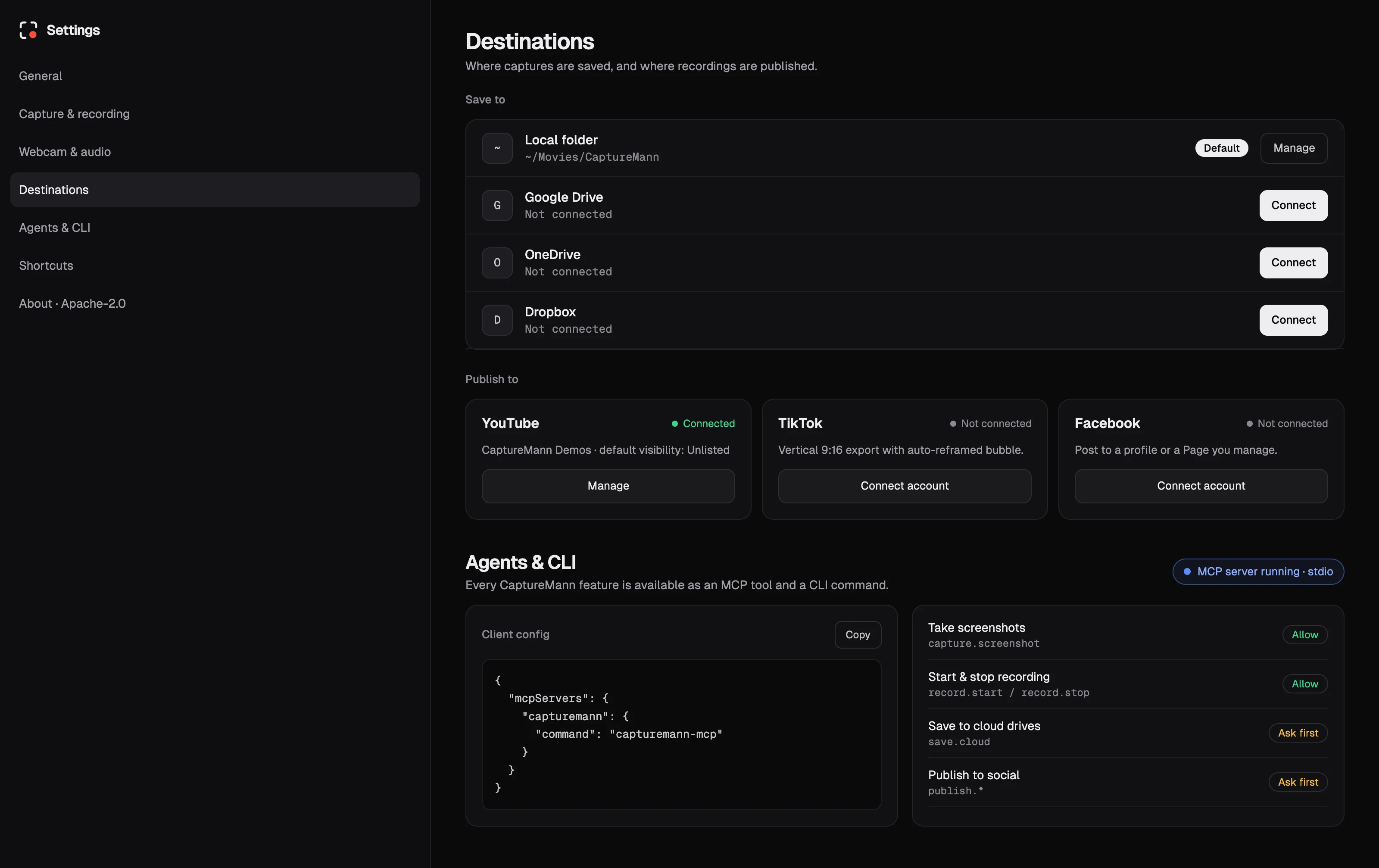 Settings: local folder and cloud drive destinations, YouTube, TikTok and Facebook accounts, MCP client config and agent permissions